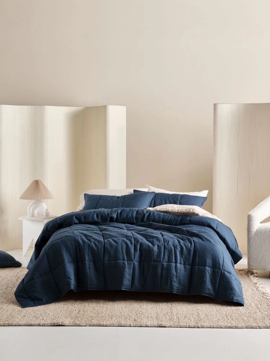 Linen House Nimes Navy Linen Coverlet