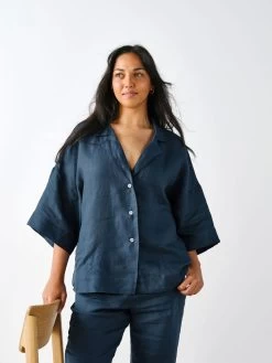Linen House Nimes Navy Linen Wide-Sleeved Shirt