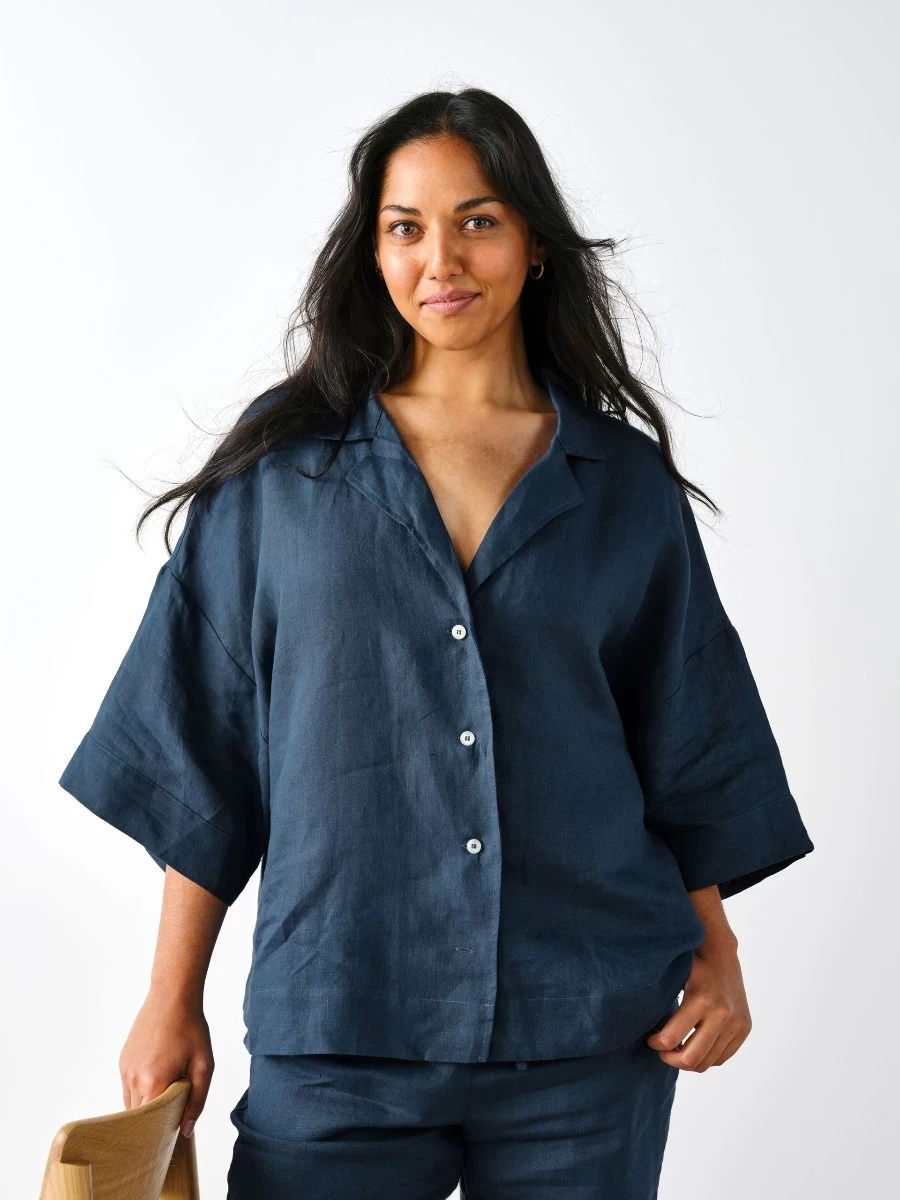 Linen House Nimes Navy Linen Wide-Sleeved Shirt - Image 4