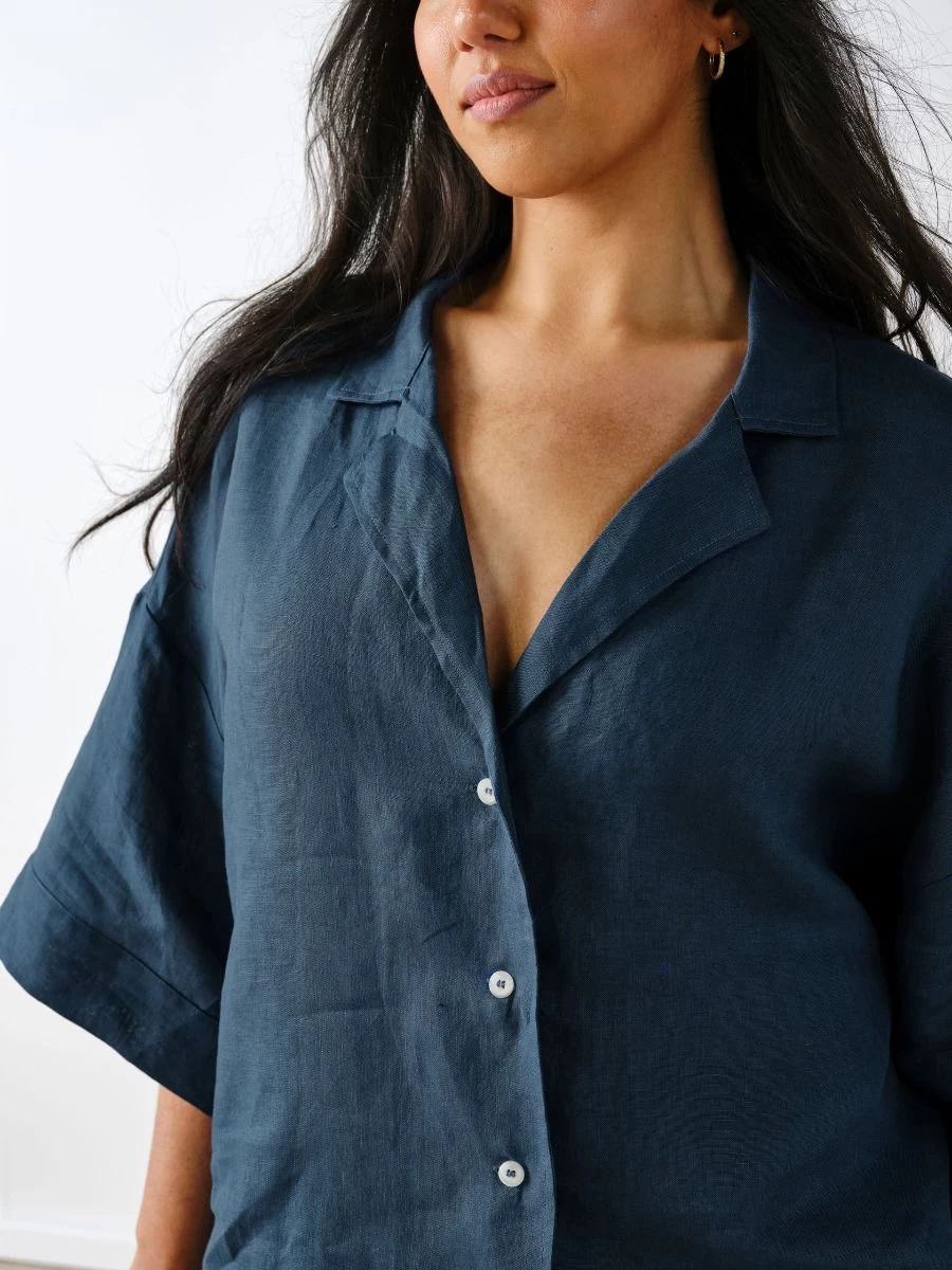 Linen House Nimes Navy Linen Wide-Sleeved Shirt - Image 2